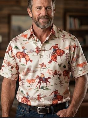 Alohahoo Western Cowboy Print Short-Sleeve Shirt Hawaiian Style Rodeo Shirt NWT